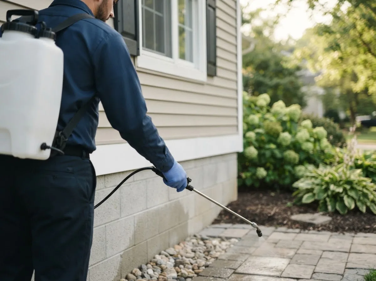 Pest control technician inspecting a home in Custer, MI